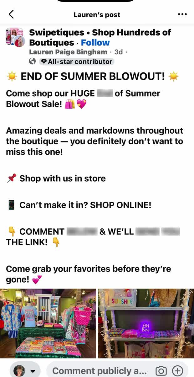 Boutique post offering the shopping link